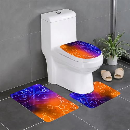 AELKSP 3 Piece Non Slip Bathroom Rugs Set,Luxury Thick Microfiber Shaggy Bath Mat Sets,Science research lab glassware equipment with molecule structural formula,Machine Washable Bathroom Mats Carpet