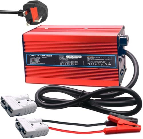 14.6V 20A Lifepo4 Battery Charger for Lithium Iron Phosphate Battery, Support Fast Charging, Red With Anderson 50a Alligator Clip Connector 14.6V Lifepo4 Battery Charger