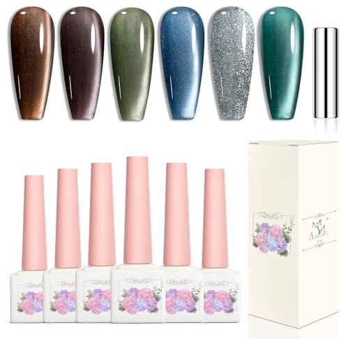 Frenshion 6Pcs 12ML Cat Eye Soak Off UV LED Gel Nail Polish, Sparkling White, Royal Blue, Magnetic Flash Color with Magnet