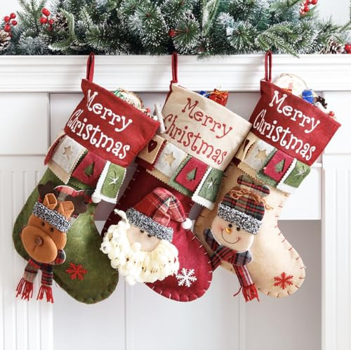 Paquete de 3 medias de Navidad retro, 45,7 cm, tamaño grande, Papá Noel, muñeco de nieve, bolsa de regalo para escaleras, Navidad, decoración del hogar, chimenea, dormitorio, árbol de Navidad,