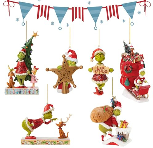Gyoungt 6PCS Grinch Christmas Tree Hanging Ornaments, Acrylic, Green, Funny Flat Grinch Design, Christmas