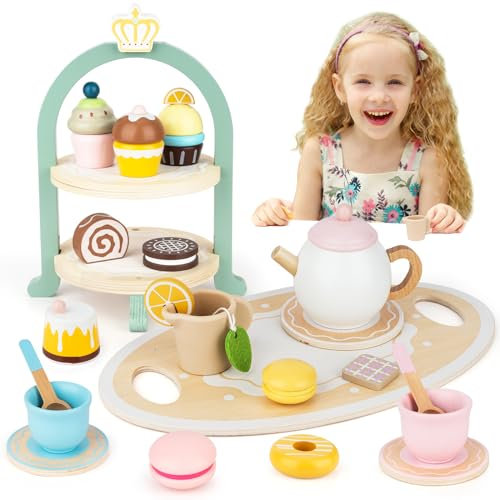 Montessori Spielzeug ab 3 4 5 6 Jahre, Geschenk für Kinder Mädchen, Tee Set Holzspielzeug, Kinderküche Zubehör Teeservice Kinder Holz, Spielzeug Geschenk für Weihnachten, Geburtstagsgeschenk