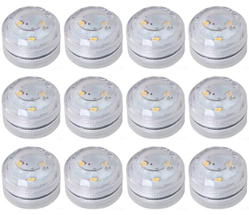 CAKEEYUM 12PCS Sunderwater LED Lights Mini White Battery Powered Tea Lights Waterproof Submersible LED Light for Fish Tank Pond Swimming Pool Wedding Party Decor home