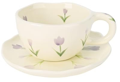 Koythin Ceramic Coffee Mug with Saucers, Handmade Flowers Mugs, Cute Cup for Girl Women, Aesthetic Tea Milk Cup with Handle, 8.5 oz/250 ml for Latte, Cocoa, Office, Home (Purple Tulip)