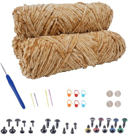 NAHUAA Chenille Wolle zum Häkeln 3 x 100g (3 x 150 m) Flauschige Wolle zum Stricken und Häkeln Kuschelwolle mit Häkelzubehör Weiche Plüschwolle für Decken Schals Kunsthandwerk, Braun