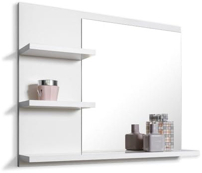 FreshYou Badspiegel mit 3 Ablagen Badezimmerspiegel Spiegel Regal Wandspiegel Hängespiegel Badmöbel Spiegel Flurspiegel für Schlafzimmer für Badezimmer Weiß 60X50 - Links