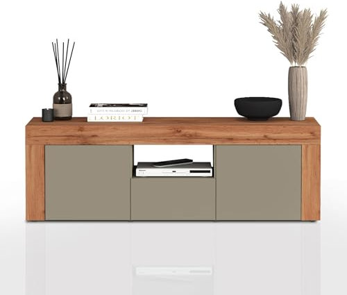 WHOUS Mobile Porta TV CHRONOS per Soggiorno con 2 Ante e 1 Cassetto, Mobile Tv per Salotto in Legno, 155x40x51 cm, Tortora Opaco e Rovere