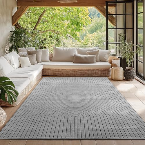 HomebyHome Kurzflor Teppich 240x340 cm XL Grau Wohnzimmer, Schlafzimmer, Küche, 3D Hoch-Tief-Effekt, Skandinavisch Boho Motiv, für Outdoor Bereich geeignet Terrassen oder im Balkon