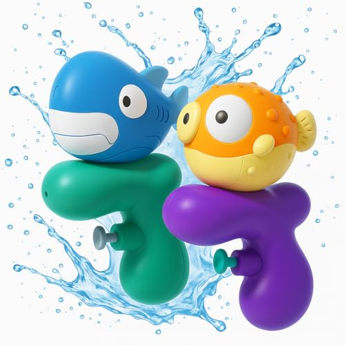 Wasserpistole Kinder 2er Set, 80ml Spritzpistole für Jungen & Mädchen, 2–6m Reichweite, ABS Material, Badespielzeug für Garten, Strand & Badewanne (Hai & Kugelfisch)