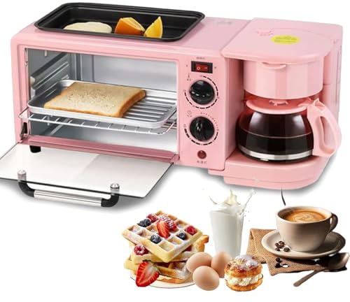 XSDAJSD Estación de Desayuno 3 en 1 (9 L), tostadora con sartén, Temporizador de 30 min y Control de Temperatura, cafetera de 600 ml y Olla de 1,2 L, para Apartamentos y cocinas pequeñas, Color Rosa