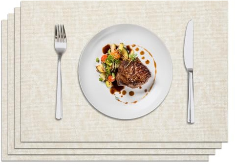 Privalace Platzsets Abwaschbar 4er Set,Doppelseitigen Platzdeckchen rutschfest Hitzebeständig,Leder Tischsets Abwischbar für Fest Hotel Küche(Beige)