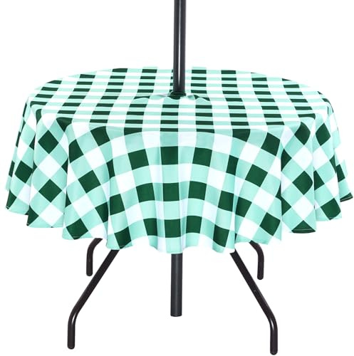 3E Home Nappe de jardin verte à carreaux Gingham, nappe à carreaux verts et blancs avec trou pour parasol 152,4 cm, rondes anti-déversement pour patio, bord de piscine, rassemblements en extérieur