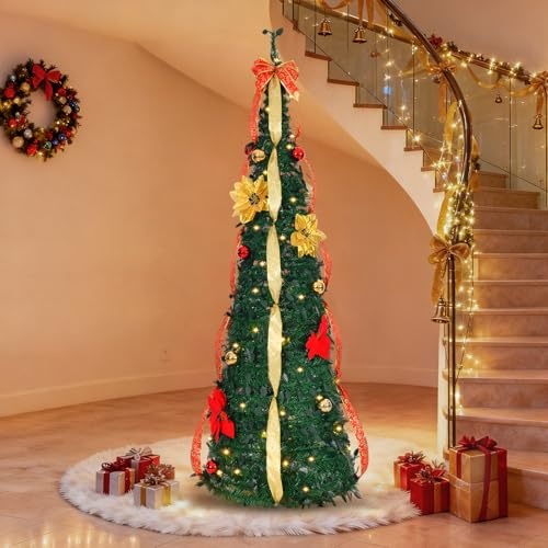 Outopee 6FT Pop Up Artificial Christmas Tree, Pre-lit Collapsible Xmas Tree with 80 Lights, 8 Lighting Modes and Red & Golden Ornaments for Holiday Party Home, Office, Shop Decoration