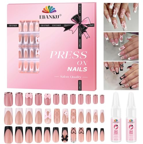 EBANKU 120 Pieces Press on Nails Medium, Bow False Nails French Tips Fake Nails Full Cover Stick on Nails, Love Heart Press on Nail with Nail Glue for Women Nail Art Salon, 12 Sizes