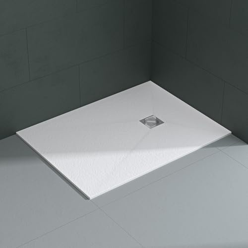 Mai & Mai Receveur de Douche Blanc Rectangulaire 80x100x3cm | Fabriqué en Résine, Bac à Douche Extra-plat, Receveur Antiglisse pour Salle de Bain, Géo9