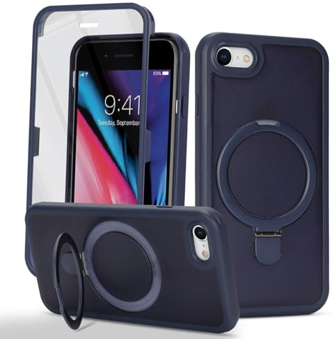 Zouzt Matte for iPhone SE 2022 (3rd)/2020 (2nd)/iPhone 8 Case, Navy Blue | With Stand, 360 Full Body, Translucent Matte, Military Grade Drop Proof, Shockproof Protective, Anti-Fingerprint Phone Case