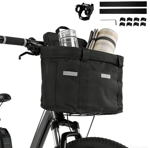 SGZIOO Fahrradkorb Vorne, Faltbar Wasserdicht Fahrrad Korb, Fahrrad Lenkerkorb mit Schnellmontage Halterung, Abnehmbare Fahrradkorb Vorne Lenkerkorb für Kleiner Hunde, Einkaufen, Picknick (Schwarz)