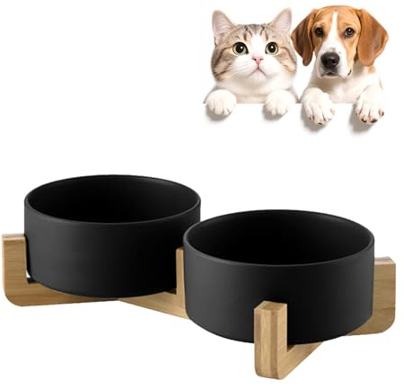 Ceramic Dog Bowls with Bamboo Stand, Double Small Dog Feeding Bowls, 400ml Each, Removable Non Slip Dog Food and Water Bowl Set, Stable Base for Cats & Small Dogs, Black (Set of 2)