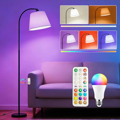 Lampadaire Arc LED sur Pied Salon avec Variateur RGB, Double commande par Télécommande et interrupteur au pied, 9 couleurs + 6 modes Dyna, 170CM Moderne& 1200LM Ampoule, CRI92,pour Chambre et Bureau