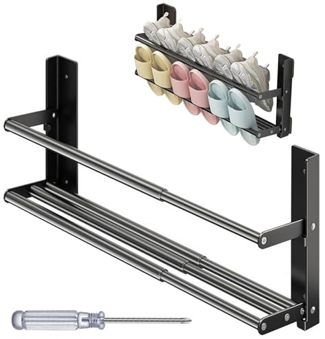 2 Ebenen Schuhregal Wandmontage - 37-67cm Schwar Schuhhalter Wand Schuhregal, Ausziehbar Schuhablage Platzsparend für Badezimmer, Wohnwagen, Kann Im Schlafzimmer Und Wohnzimmer Verwendet Werden