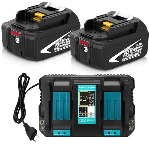 2er Pack 10.0Ah Ersatzakku für Makita Akku 18V +Ladegerät DC18RD für BL1850 BL1860 Akkuschrauber DHP453 Bohrhammer HR265 Sägen DSS610 und mehr Ideal für Heimwerker Baustelle Gartenarbeit Werkstatt