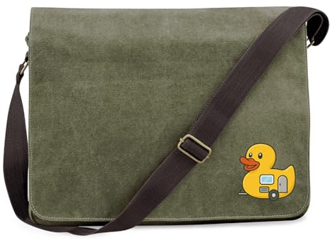 Huuraa Umhängetasche Quietscheente Camper Gummiente Wohnwagen 14 Liter Military Green Canvas Laptoptasche Geschenkidee