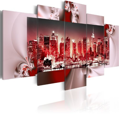 B&D XXL - Wandbilder XXL New York 225x112cm 5 tlg - Wand Deko Leinwand Bilder Groß Wanddeko Wohnzimmer Schlafzimmer Kunstdrucke - City Panorama Lights Abstrakt rot 051449