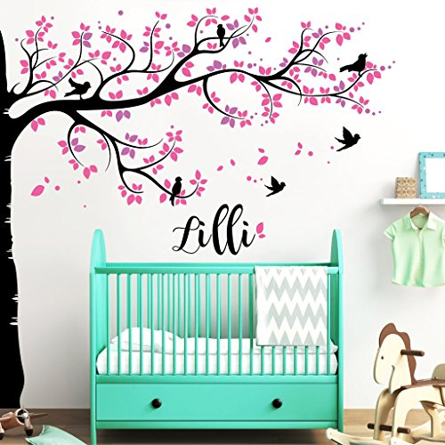 Wandtattoo Bäumchen (3farbig) mit Namen Kinderzimmer Baum Farbige Bunte Wandbild Wandaufkleber Wandfolie Wandsticker - 190 cm hoch x 186 cm breit