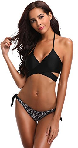SHEKINI Damen Bikini Set Push up Verstellbar Crossover Ties-up Neckholder Bikini Oberteil Zweiteiliger Badeanzug Triangel Gedruckt Niedrige Taille Bikinihose Strandkleidung (Medium, Schwarz B)