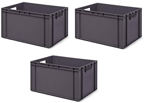 1a-TopStore 3 Stk. Transport-Stapelkasten TK632-0, grau, 600x400x320 mm (LxBxH), aus PP, Volumen: 61 Liter, Traglast: 60 kg, lebensmittelecht, made in Germany, Industriequalität