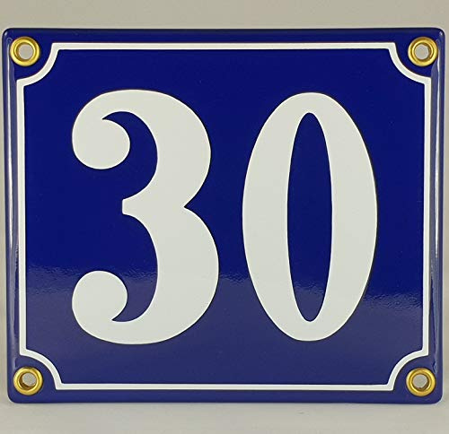 Emaille Schild Hausnummer 30 Blau-Weiß Handarbeit