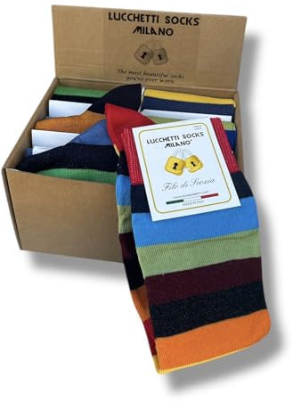 6 Paia Calze Uomo Filo di Scozia Fantasia - Eleganti, Colorate e di Qualità in Scatolina Ecologica - Idee Regalo Perfette - Calze Lunghe Uomo in Stile Business (Taglia Unica,Set Righe Contro Righe)
