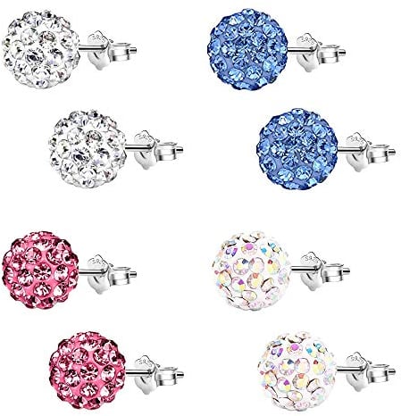 Damen Ohrringe Silber 925 4 Paare Ohrstecker mit Kristall Strass Kugel 8mm Stecker Ohrringe Set in 4 Farben Ohrringe für Damen Mädchen