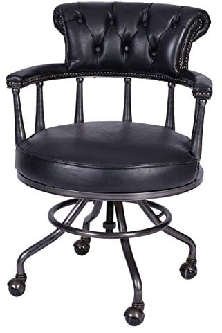 Englischer Bürostuhl „Oscar Wilde“ schwarzes Echtleder (Chesterfield-Steppung, Retro Industriestil) – Drehstuhl mit robustem Metallgestell auf Rollen – Klassischer Vintage Sessel für Büro & Homeoffice