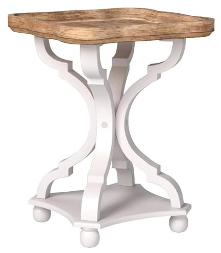 COZAYH Square End Table with Rustic Wood Tray Top and White Curved Legs, 19x19x25 – French Country Accent for Bedroom, Living Room, Dining or Entryway – Farmhouse-Style Furniture Piece