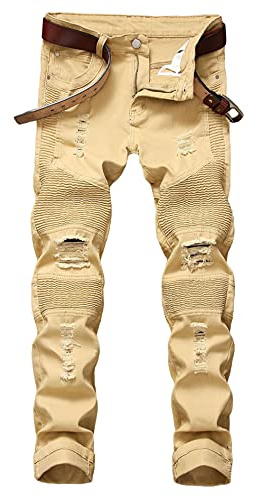 Baylvn Men's Casual Ripped Skinny Distressed Slim Fit Holes Denim Jeans - Brown - 36