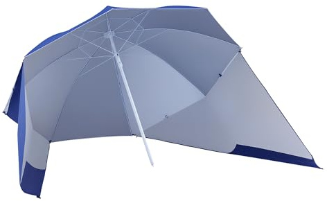 Outsunny Ombrellone da Spiaggia Ø2.1x2.2 m con Tendina Laterale, Borsa di Trasporto e Picchetti, Ombrellone da Giardino con 8 Stecche e Design a 2 Sezioni in Metallo e Poliestere, UV50+, Blu