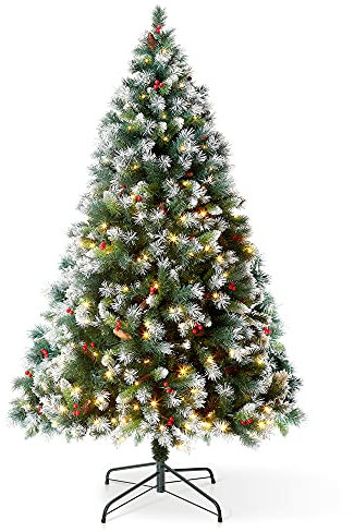 VeryMerry 5FT 'Claudia' Pre-Lit Christmas Tree with 200 Built-In Warm White LED Lights with Auto-Off Timer, 8 Lighting Modes, Decorative Pinecones and Berries