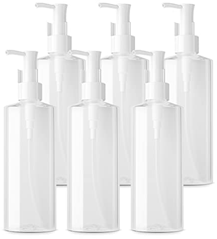 TIANZD 6 Pièces Ovales Transparent Flacon Vide Pet 200ml Pompe Cosmétique Bouteilles Vides Pompe Doseuse avec Clip pour Cosmétique Une Utilisation Savon Lotion Gel Huile Essentielle