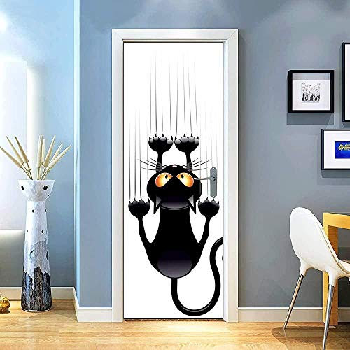 LuSeven papier peint porte Blanc noir dessin animé chat 50x125cm Stickers Porte Poster Couloir 3D Papier Peint Porte Trompe L'Oeil Pour Salon Chambre Décoration De La Maison Stickers Muraux