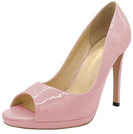 Escarpins élégants en cuir verni à talon moyen et bout ouvert pour femme, rose, 37 EU