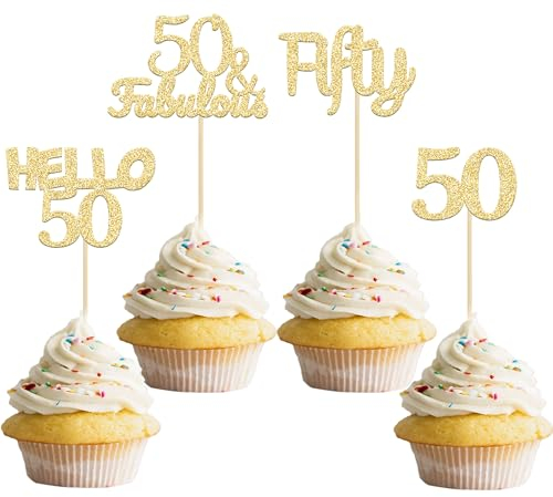 Gyufise Cupcake-Topper zum 50. Geburtstag, goldfarben, glitzernd, 50 und fabelhafte Kuchendekorationen, Hello 50 Fifty Cupcake-Picker zum 50. Geburtstag, Kuchendekoration, Zubehör, 24 Stück