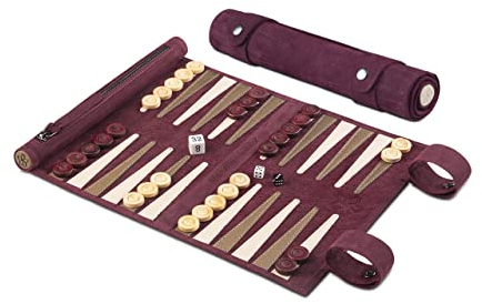 Melia Games Backgammon zum Rollen - Reise-Backgammon aus feinstem Nubuk Echt-Leder mit handgefertigten Holzspielsteinen (Bordeaux)