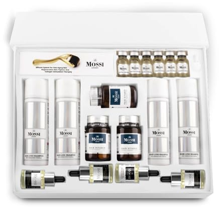 The Mossi London 6 Monate Set nach der Haartransplantation, 4 x Skalp-Serum für Haarwuchs, 3 x Haar-Loss-Shampoo, 1 x Haarvitamin-Tabletten, 2 x Haaröl für trockene Skalp, Helps für das Haarwachstum