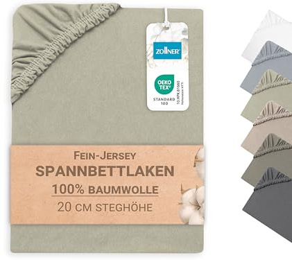 ZOLLNER Spannbettlaken in 140x200cm - Matratzenhöhe bis 20cm - Baumwolle - mit praktischem Gummizug - waschbar bis 60°C - in hellgrau - Oeko Tex® Zertifiziert
