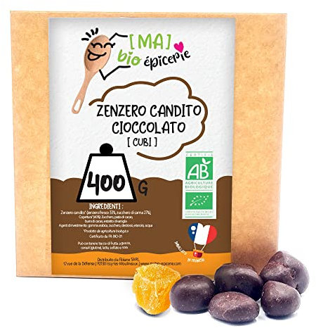 [MA] BIO-ÉPICERIE | Zenzero candito bio in cubetti ricoperti di cioccolato fondente | 400g |Frutta candita senza conservanti | Snack sano | Alternativa alle caramelle zenzero | Frutta secca bio