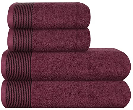 GLAMBURG Ultra Soft 4er-Pack Handtuch-Set, Baumwolle, enthält 2 übergroße Badetücher 70 x 140 cm, 2 Handtücher 50 x 90 cm, für den täglichen Gebrauch, kompakt und leicht — Burgunderrot