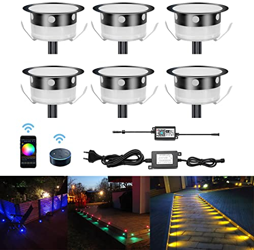 CHNXU 6er Set WiFi RGB Terrasse Einbauleuchte LED Bodeneinbaustrahler DC 12V Einbauspots, IP67 Wasserdicht Aussen Treppen Bodeneinbaustrahler 0,2W - 0,4W Kompatibel mit Alexa, Google Home, Schwarz
