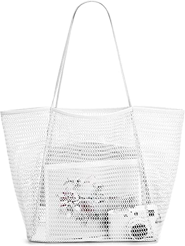 Voarge Mesh Tote Bag, Extra Large Tote Bags for Women, White, XL, Zippered Pocket, Foldable, Lightweight, Spring/Summer, Beach Trips, Picnics, Travel, Camping, Families, Outdoor Enthusiasts