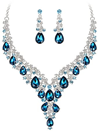 Clearine Hochzeit Schmuck-Set Tropfen Strass Cluster Statement Halskette und Ohrhänger-Set Kostümschmuck für Damen Klar Silber-Ton